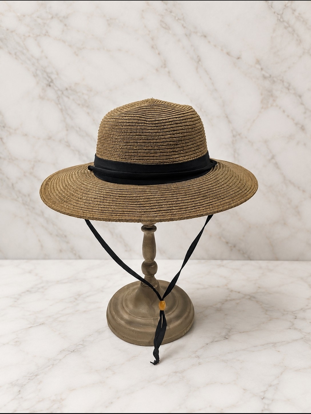 Columbia Women's L/XL Wide Brim Sun Hat Tan Black Chin Strap Outdoor Beach Hat